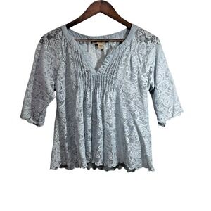 Vintage America‎ Womens Lace Peasant Babydoll Top S Blue Sheer Boho Cottagecore